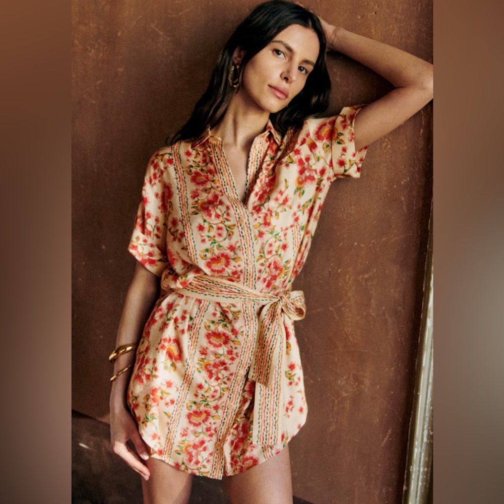 Sezane Floral Ana Short-Sleeve Dress with Belt